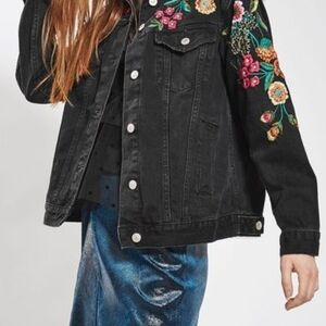 Gianni Bini Black Denim Jacket with Floral Embroidery